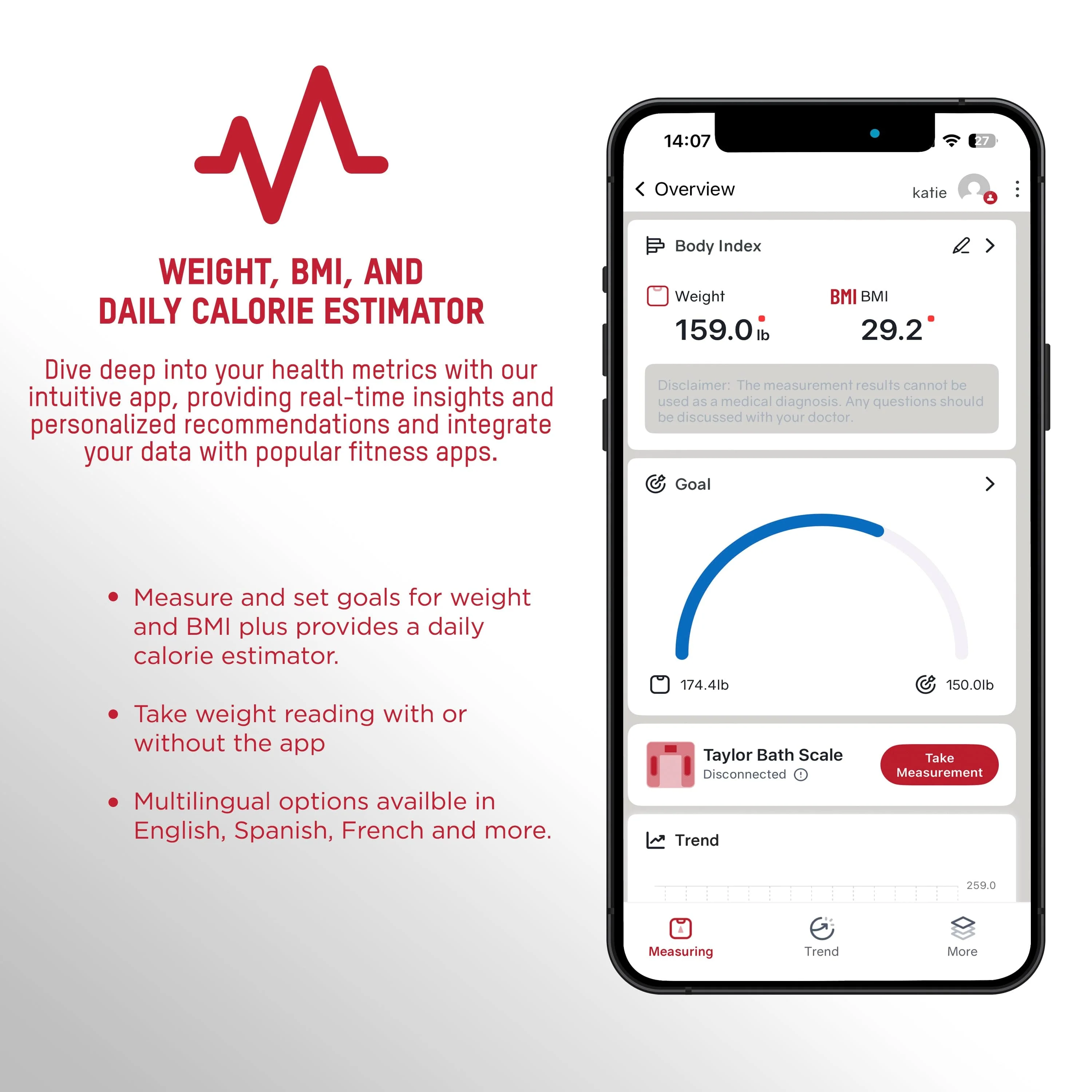 Taylor Smart Weight Tracking Scale with Precision Hub App, Clear - Image 3